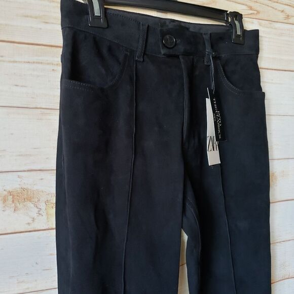 Zara Lambskin Suede Bootcut High-Waist Stretch Pants Limited Edition Medium Blac - Picture 5 of 12
